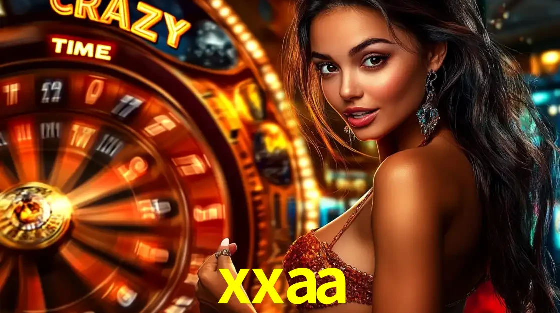 Mulher ao lado da roda de prêmios do jogo de cassino ao vivo Crazy Time, um dos shows de jogos mais emocionantes oferecidos pela plataforma de apostas xxaa.