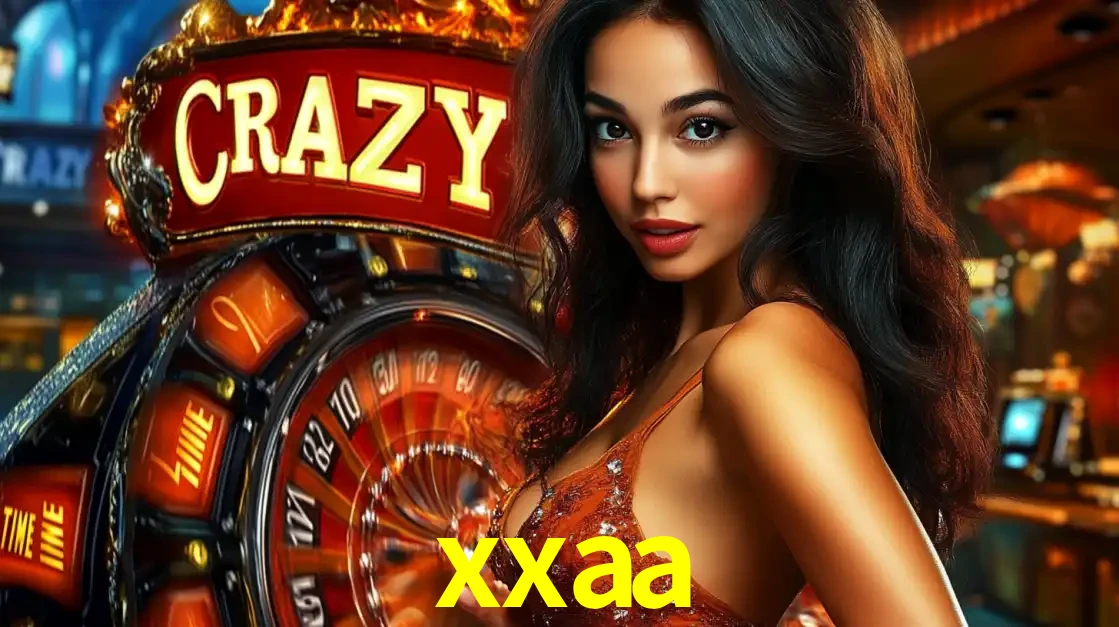 Mulher glamourosa olhando para a câmera com a roda vermelha do Crazy Time ao fundo em um ambiente de cassino, destacando a emoção dos jogos ao vivo no xxaa.