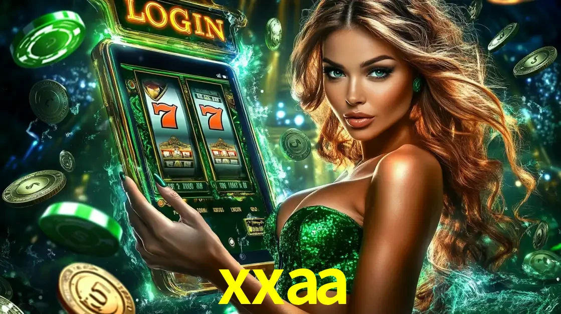 Mulher com tema verde apresentando o aplicativo do cassino xxaa com um jogo de slot de 777, cercada por fichas de cassino e uma aura de sorte.