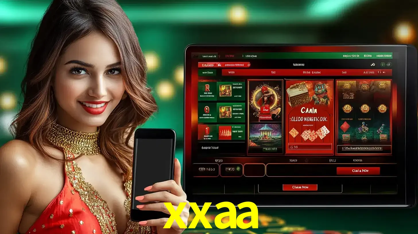 Mulher sorridente segurando um smartphone, ao lado de uma tela exibindo o lobby de jogos do cassino online xxaa, com várias opções de jogos de cartas e slots.
